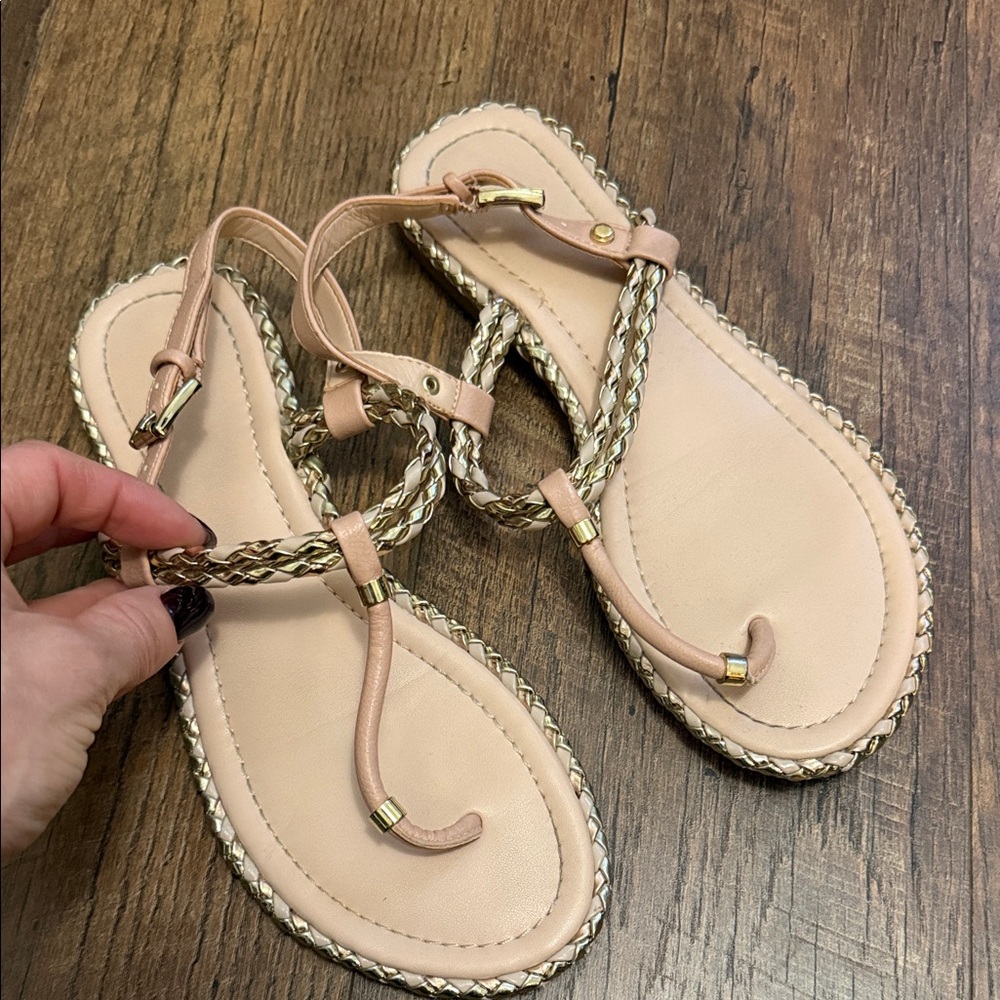 Aldo Blush Braided T-Strap Sandals with Gold Trim